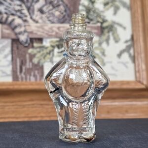 Vintage Clear Glass Figural Bottle Clown Man Winter Coat Cap Collectible Novelty